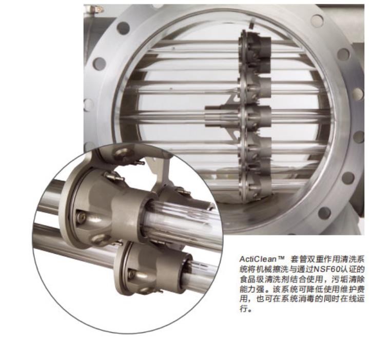 改善清洗能力——将食品级清洗凝胶与机械清洗作用结合起来，相比只通过机械擦洗的方式，能够更高效地清除套筒上的沉积物。

确保更可靠的剂量输出，从而确保消毒效果。

结垢因素的消除，既降低了对设备规模的更高要求，也减少了能耗和运行成本。

ActiClean™具有的自动在线套管清洗功能，可在消毒过程中进行，因此免除了常规手工清洗所需要的系统停机以及相关的人工费用。